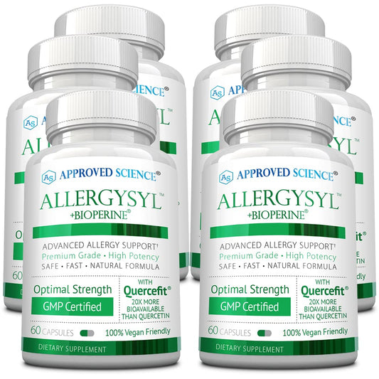 Approved Science Allergysyl bottle front shows immune-support and antioxidant-rich blend.