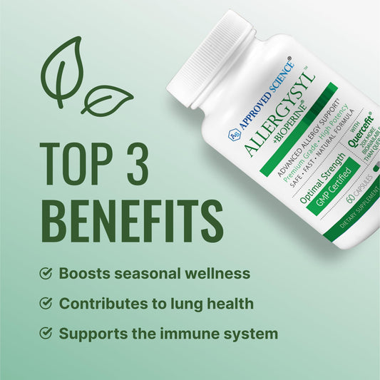 Approved Science Allergysyl capsules close-up highlights vegan capsules for easy daily use.
