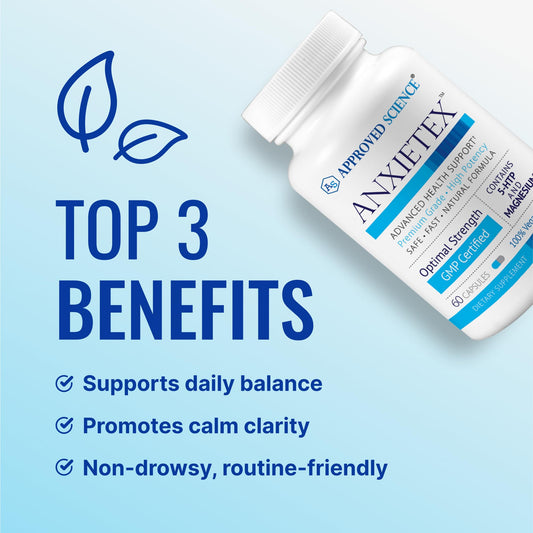 Approved Science Anxietex capsules closeup highlighting easy-to-swallow vegan capsules.