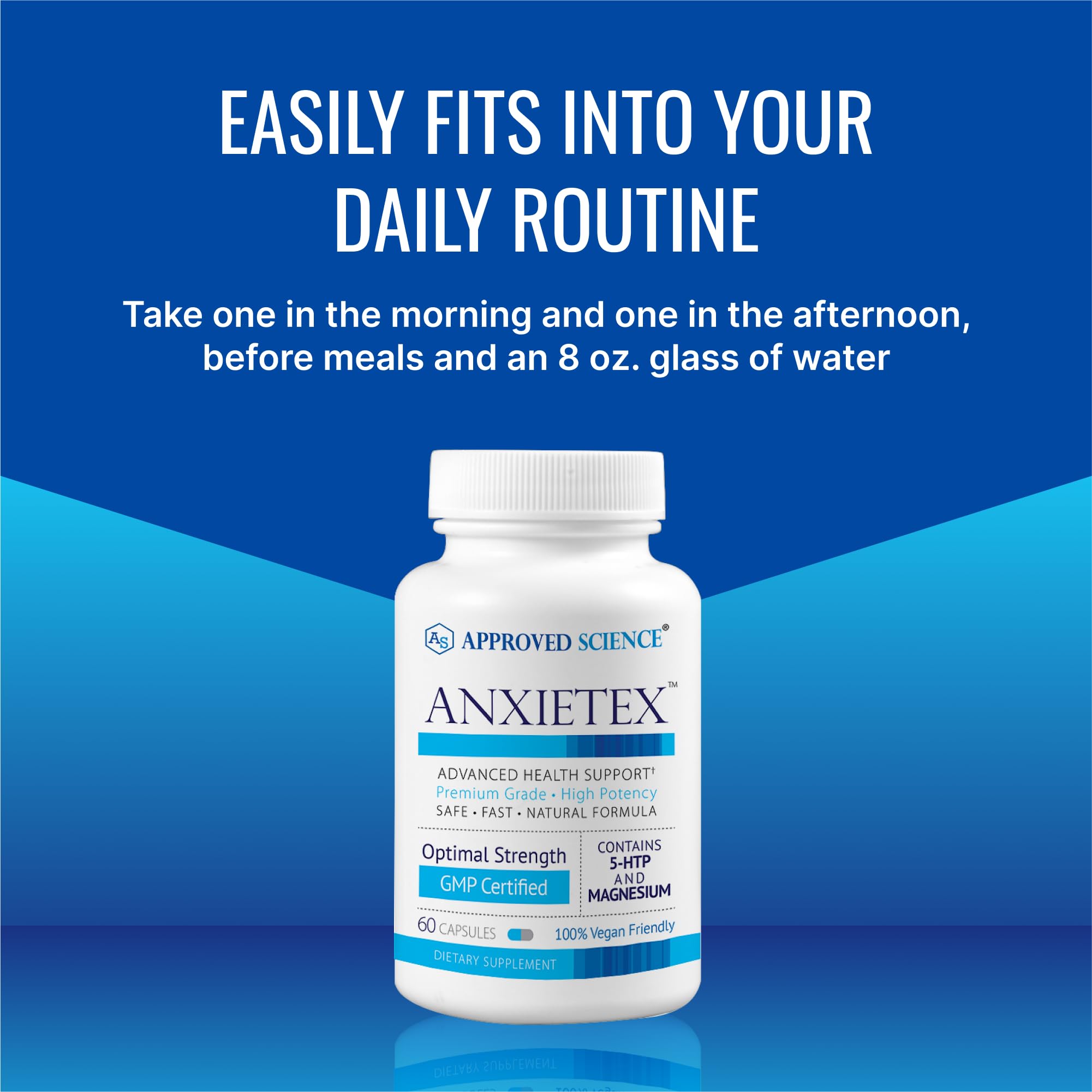 Approved Science Anxietex packaging box displays product benefits and specs.