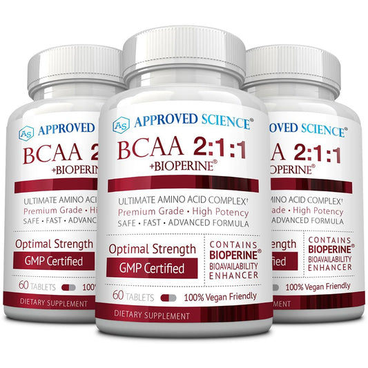 Approved Science BCAA tablets in a bottle offer convenient post-workout recovery support.