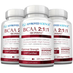 Approved Science BCAA tablets in a bottle offer convenient post-workout recovery support.