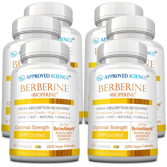 Approved Science Berberine 1000mg bottle pour illustrates easy daily dosing