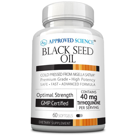 Approved Science Black Seed Oil bottle label shows purity and quality.