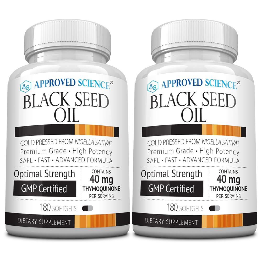 Approved Science Black Seed Oil bottle showing the 2% thymoquinone formula for immune support.