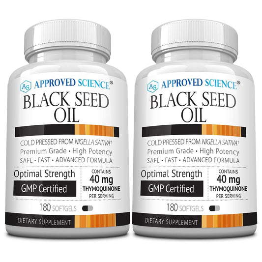 Approved Science Black Seed Oil bottle showing the 2% thymoquinone formula for immune support.