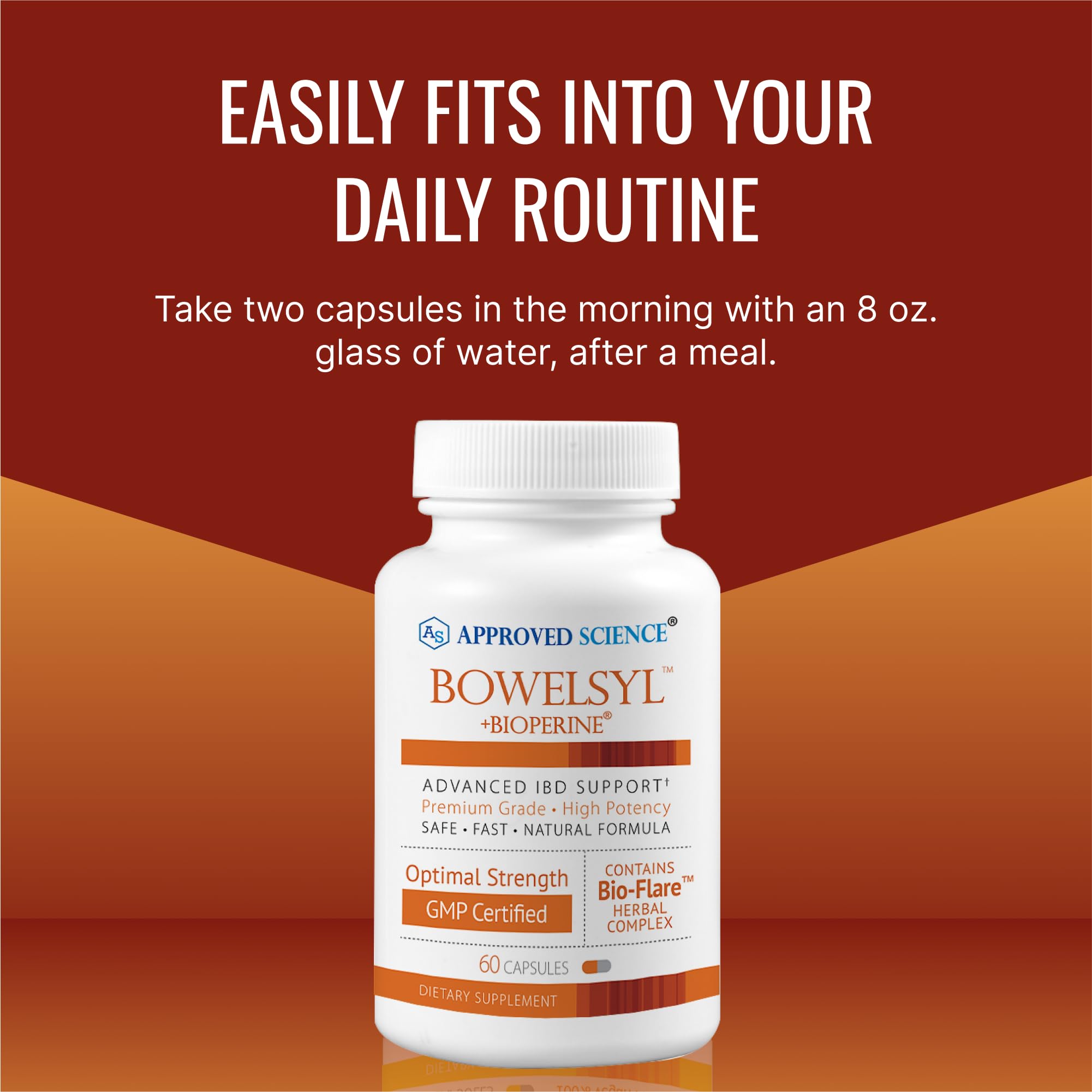 Approved Science Bowelsyl bottle reveals iron and B complex nutrients for energy relevance.