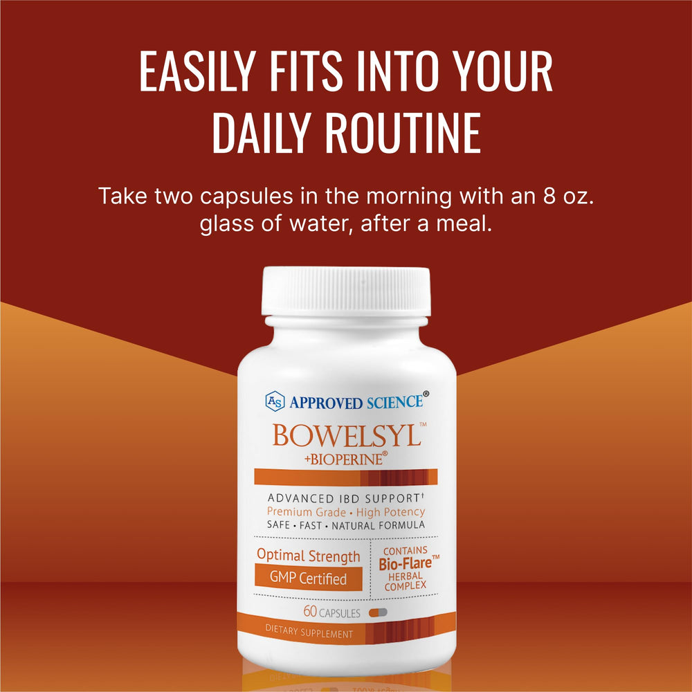 Approved Science Bowelsyl bottle reveals iron and B complex nutrients for energy relevance.