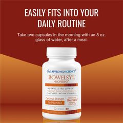 Approved Science Bowelsyl bottle reveals iron and B complex nutrients for energy relevance.