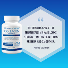 Approved Science Collagen Pills bottle on desk with soft lighting.