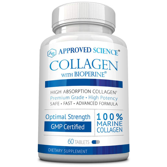 Approved Science Collagen Pills bottle on a clean surface promoting skin health.