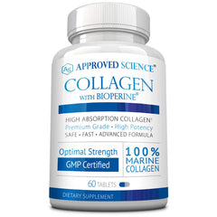 Approved Science Collagen Pills bottle on a clean surface promoting skin health.