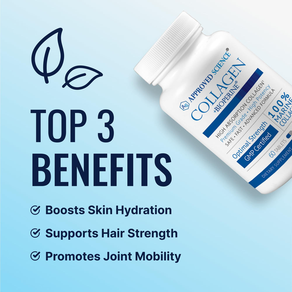 Approved Science Collagen Pills label highlights marine collagen Types I and III.