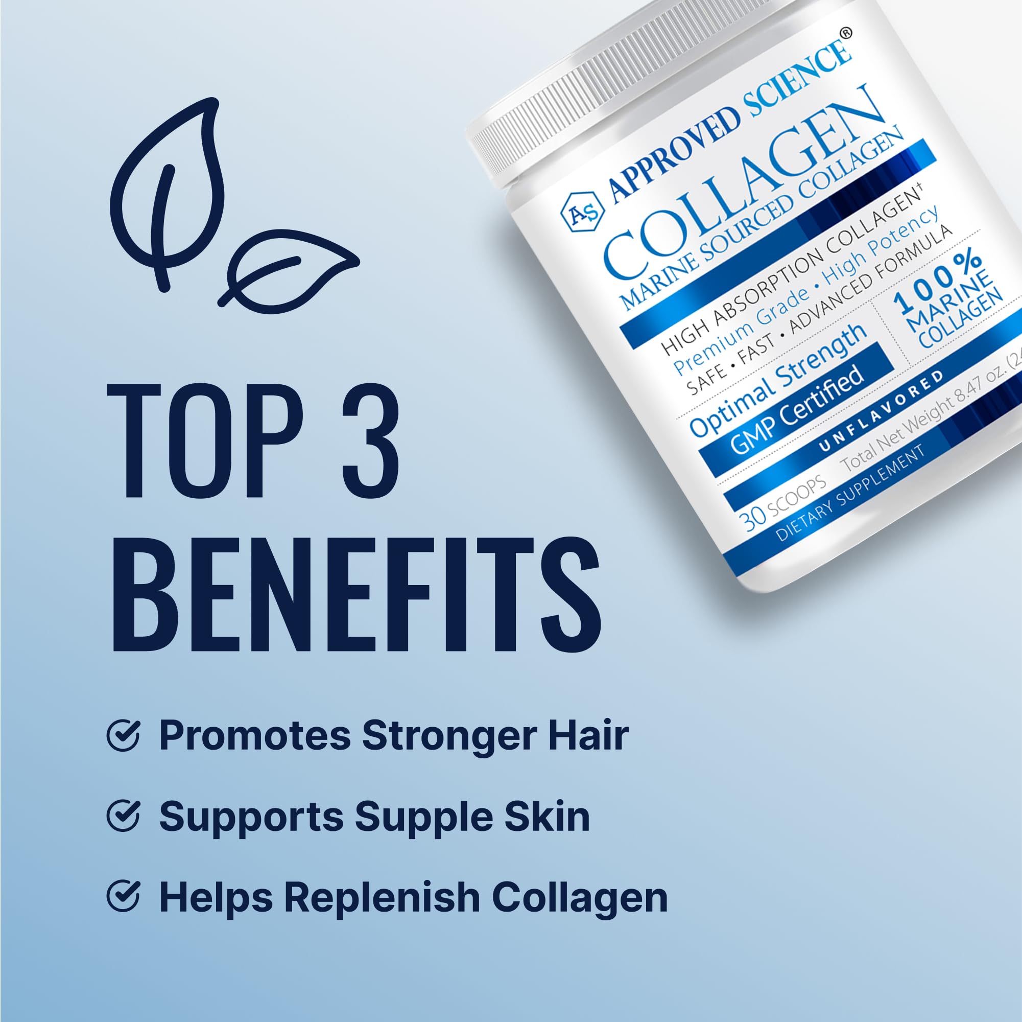 Close-up of Approved Science Collagen Powder tub highlighting USA production