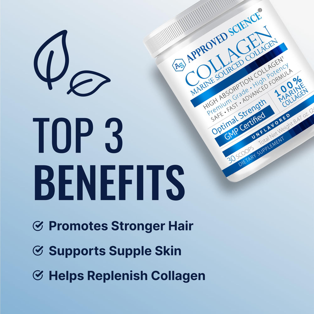 Close-up of Approved Science Collagen Powder tub highlighting USA production