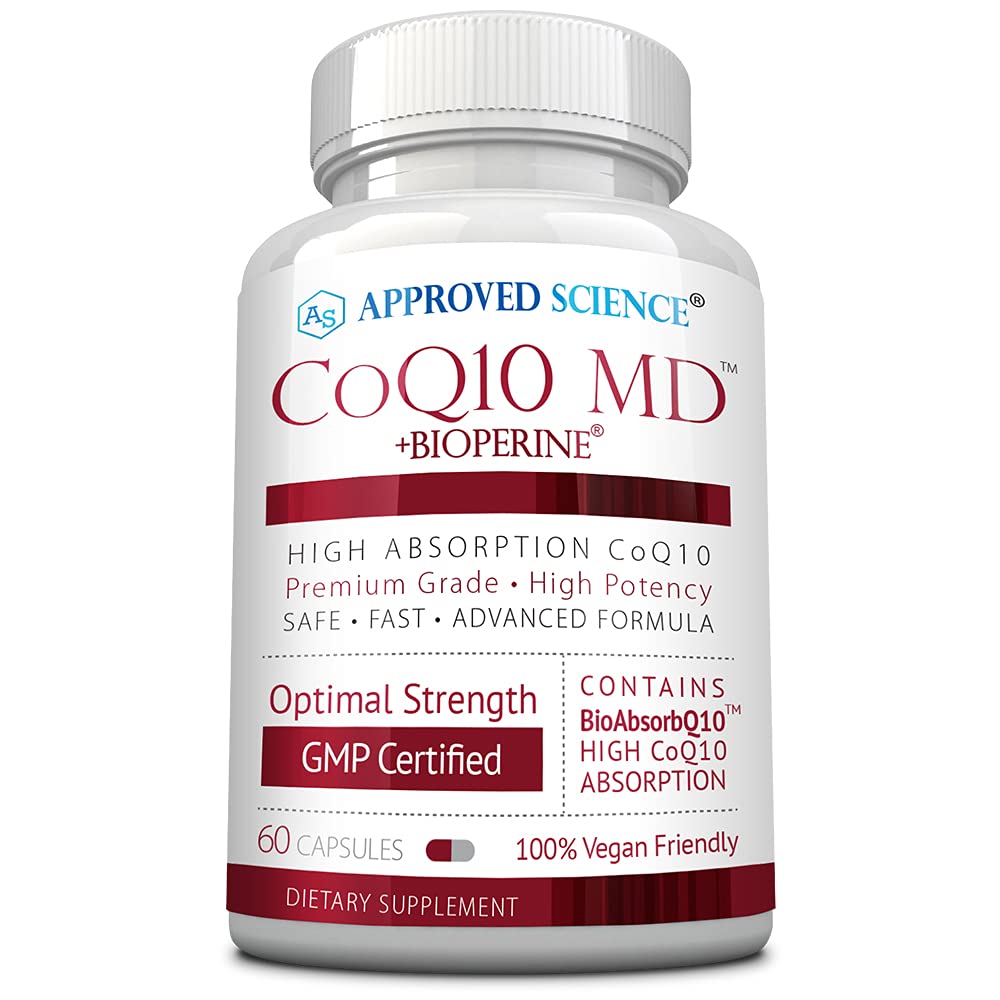 Approved Science CoQ10 MD bottle front view, 300 mg potency for energy support.