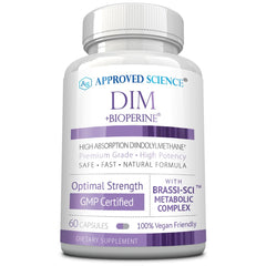Approved Science DIM bottle highlighting 300 mg DIM for estrogen metabolism balance