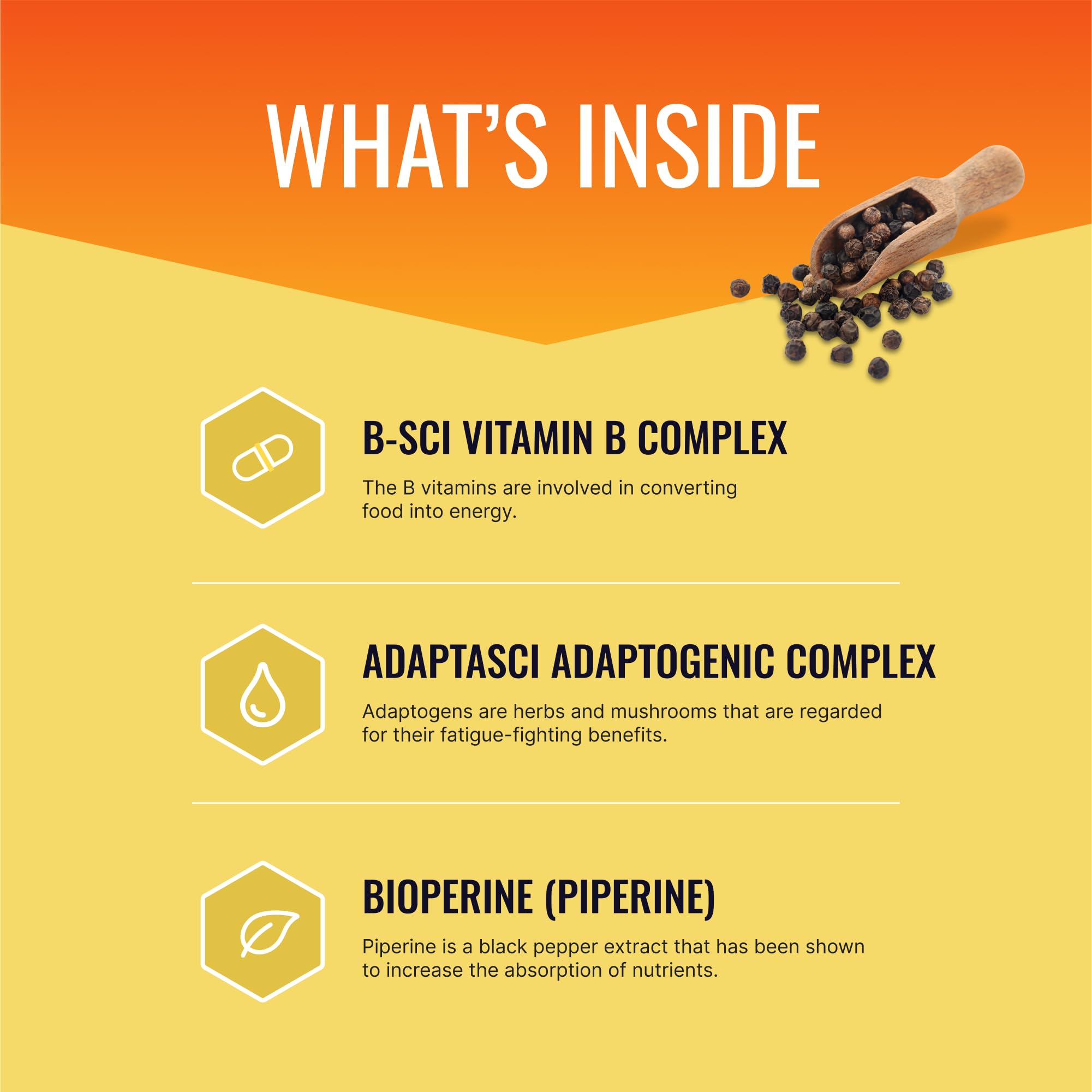 Approved Science Energysyl bottle back label highlights B vitamins and Bioperine for absorption