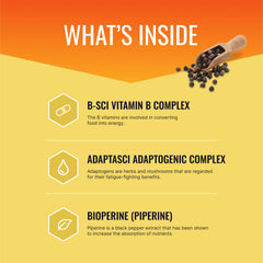 Approved Science Energysyl bottle back label highlights B vitamins and Bioperine for absorption