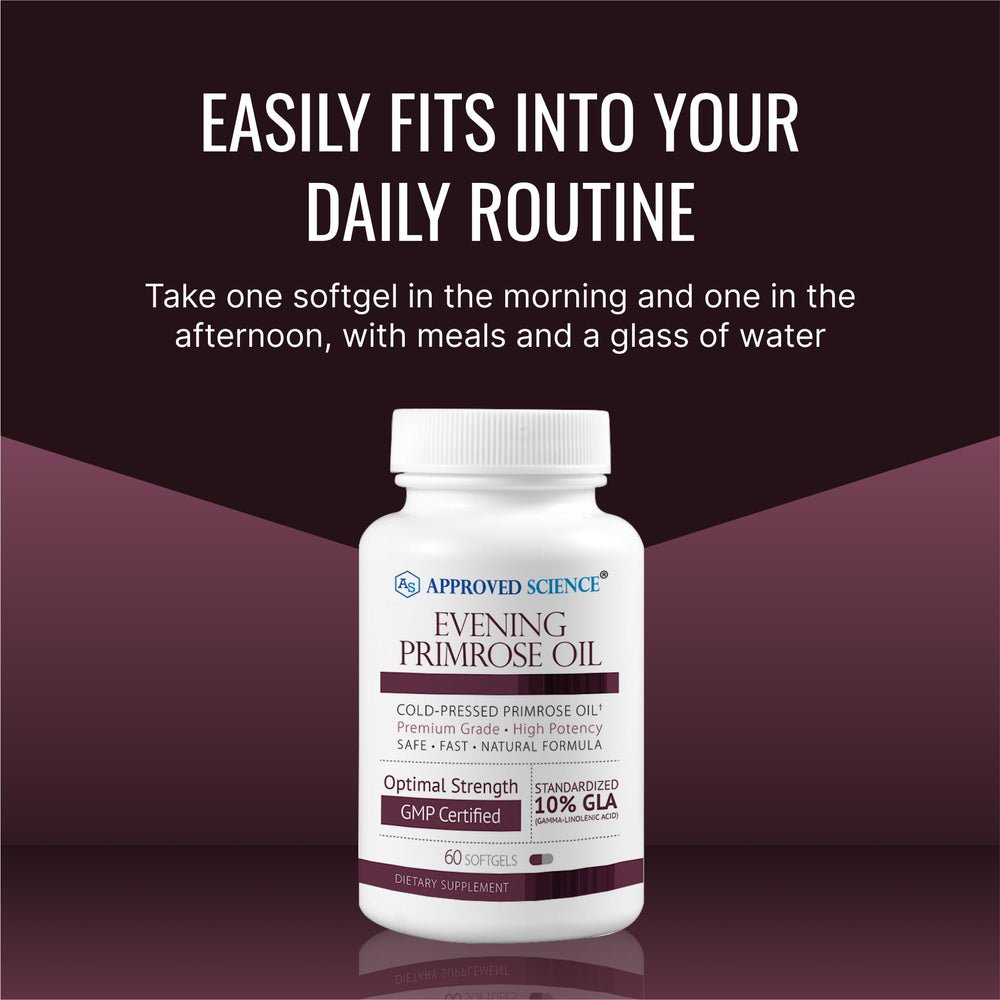 Approved Science Evening Primrose Oil capsules inside, ready for daily intake.