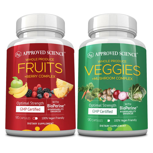 Approved Science Fruits & Veggies bottle front with capsules for daily wellness.