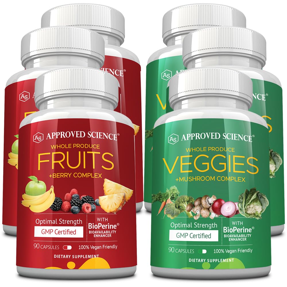 Approved Science Fruits and Veggies bottle front showing a full-spectrum daily wellness blend.