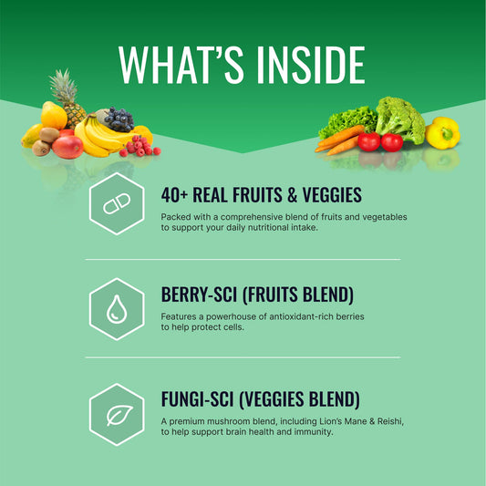 Approved Science Fruits and Veggies bottle label highlights 42 capsules for a three-month supply.