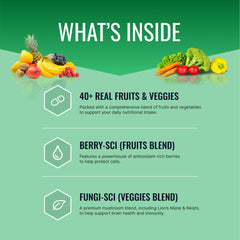 Approved Science Fruits and Veggies bottle label highlights 42 capsules for a three-month supply.