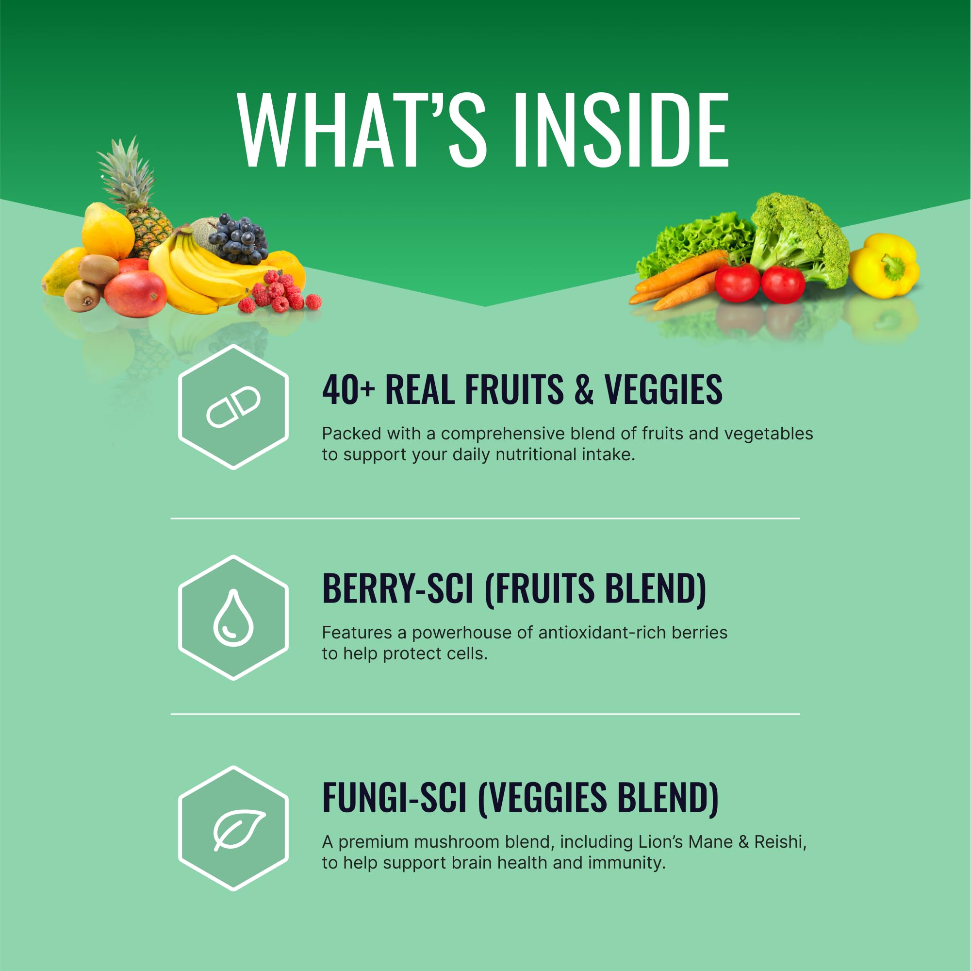Approved Science Fruits & Veggies capsules pour, convenient dosing.