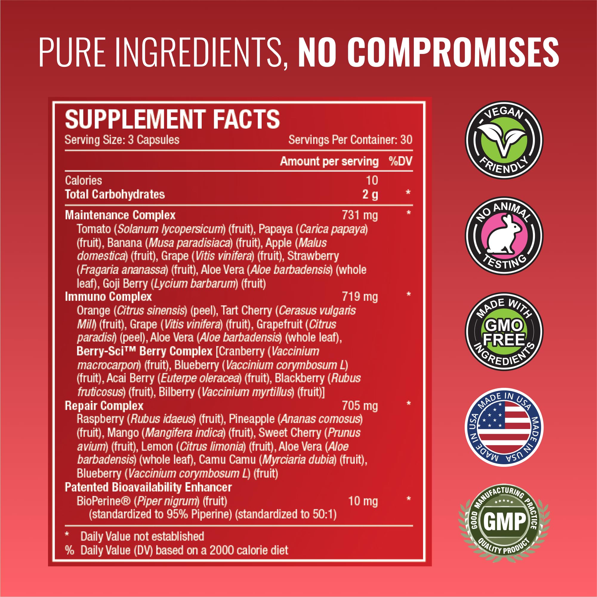 Approved Science Fruits and Veggies goji and acai imagery for antioxidant support.