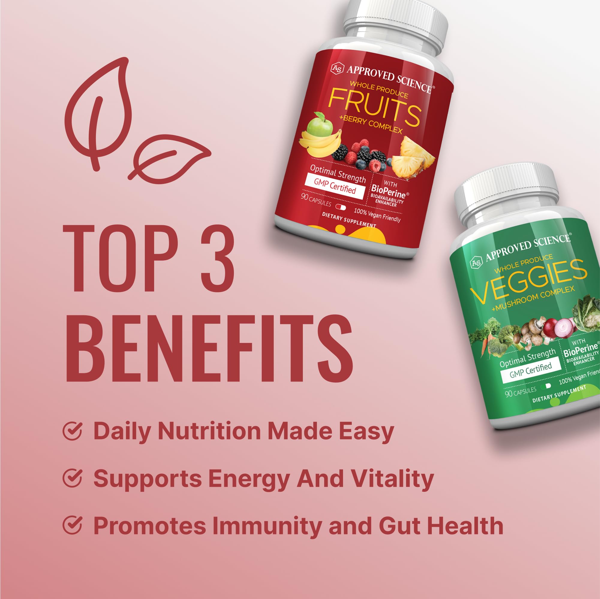 Approved Science Fruits & Veggies ingredient close-up with Goji, Acai, Moringa.