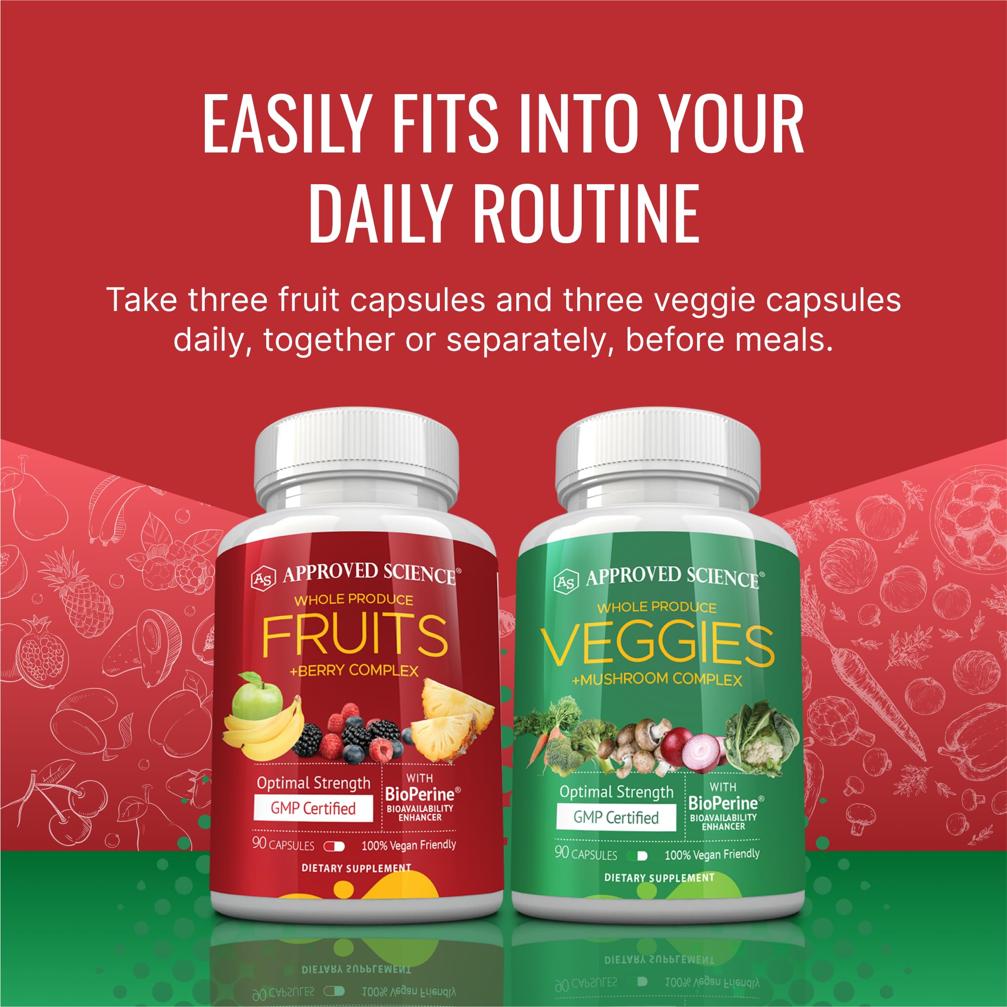 Approved Science Fruits and Veggies packaging emphasizes long-term wellness planning for three months.