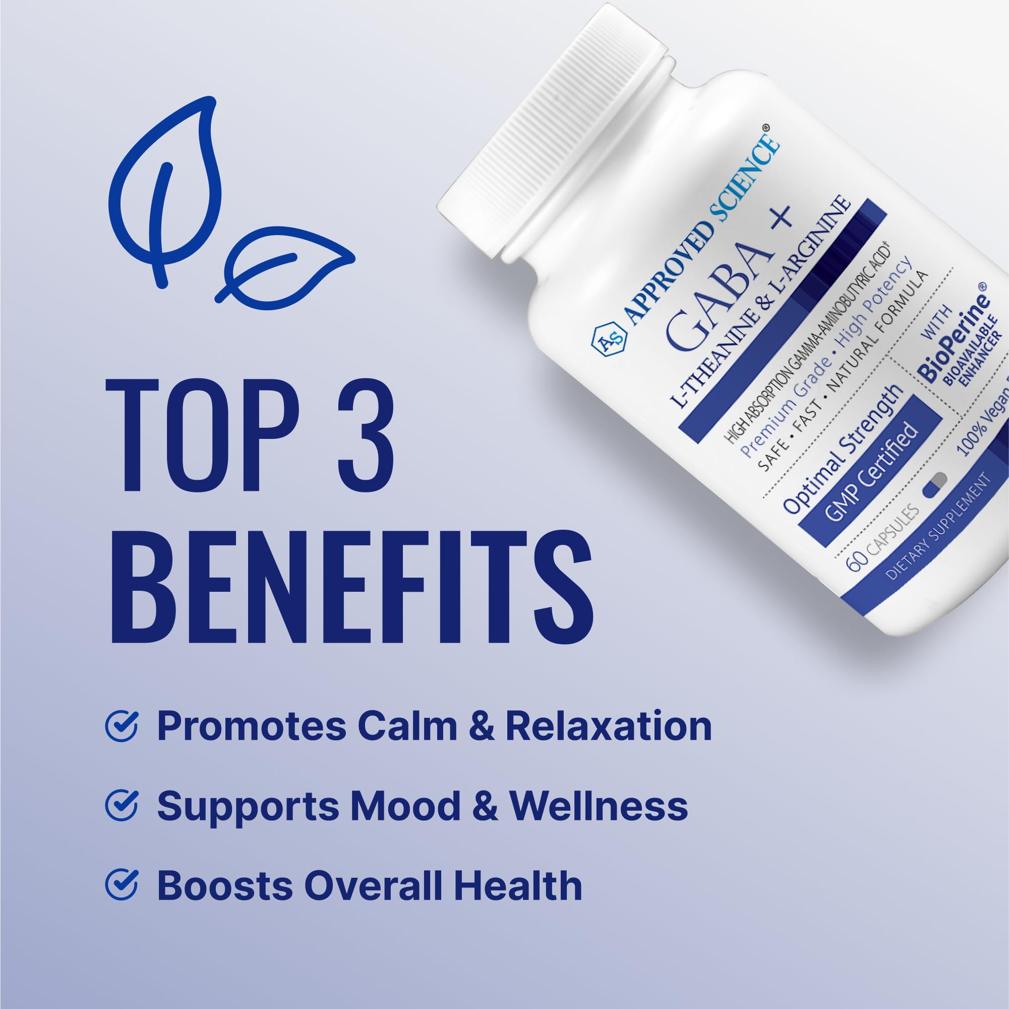 Approved Science GABA+ capsules closeup shows vegan formula for daily use.