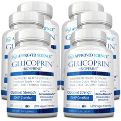 Approved Science Glucoprin bottle with berberine for convenient daily wellness.
