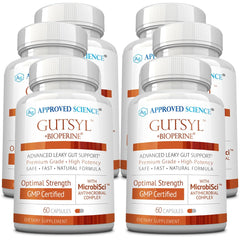 Approved Science Gutsyl bottle front view promoting gut lining support.