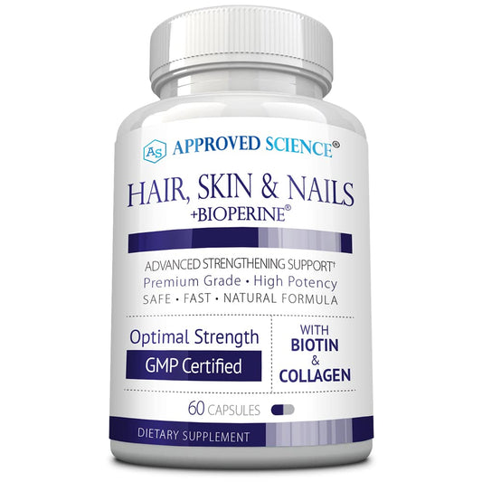 Approved Science Hair Skin Nails bottle close-up for daily use.