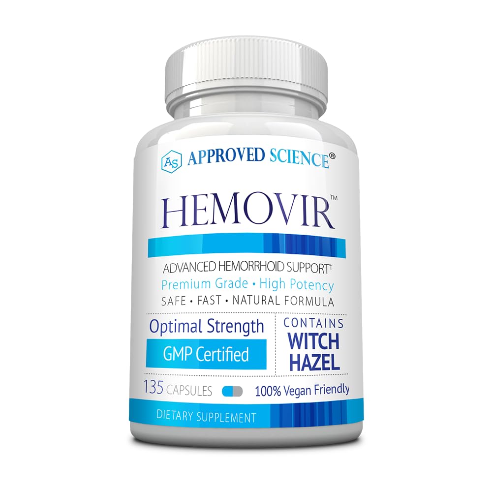 Approved Science Hemovir bottle on counter, suggesting daily hemorrhoid support convenience