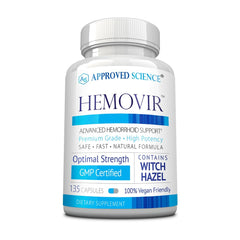 Approved Science Hemovir bottle on counter, suggesting daily hemorrhoid support convenience