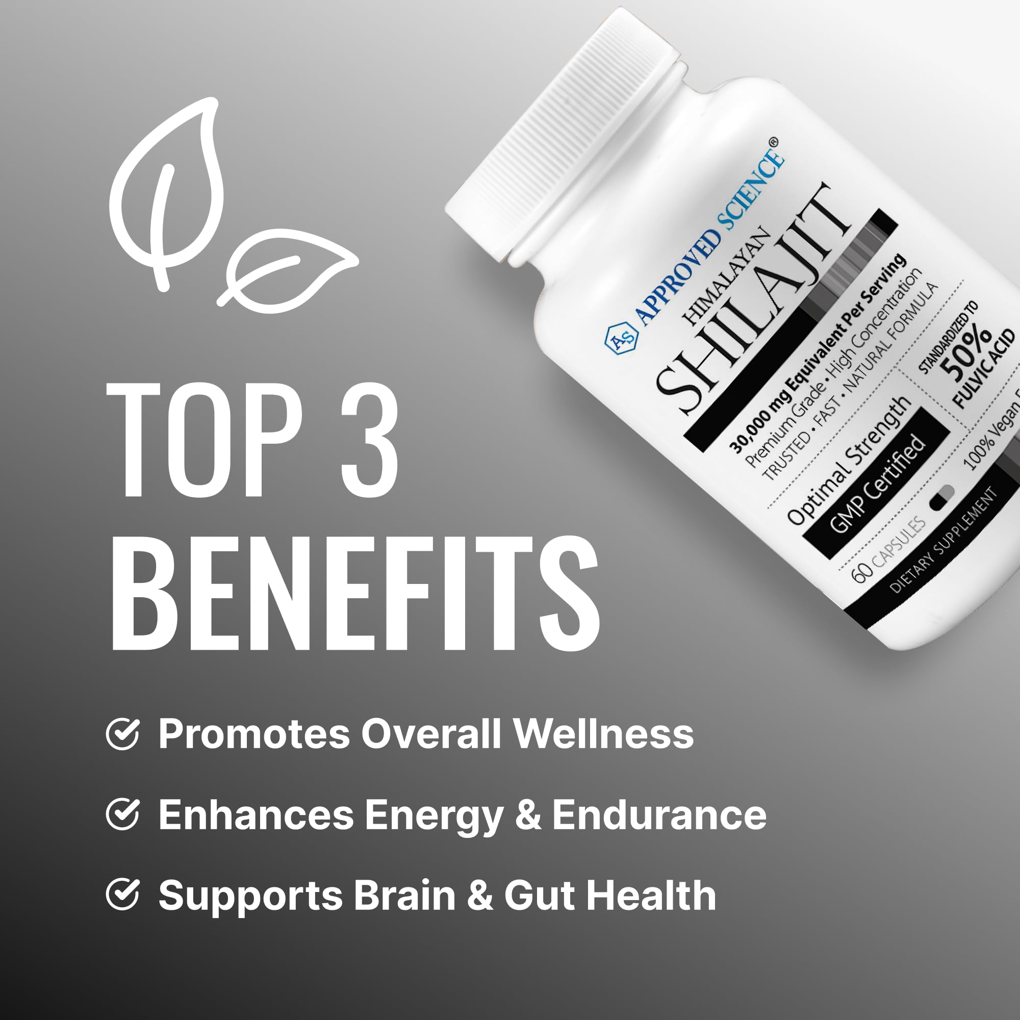 Approved Science Himalayan Shilajit label with scoop demonstrates 30:1 extract strength.