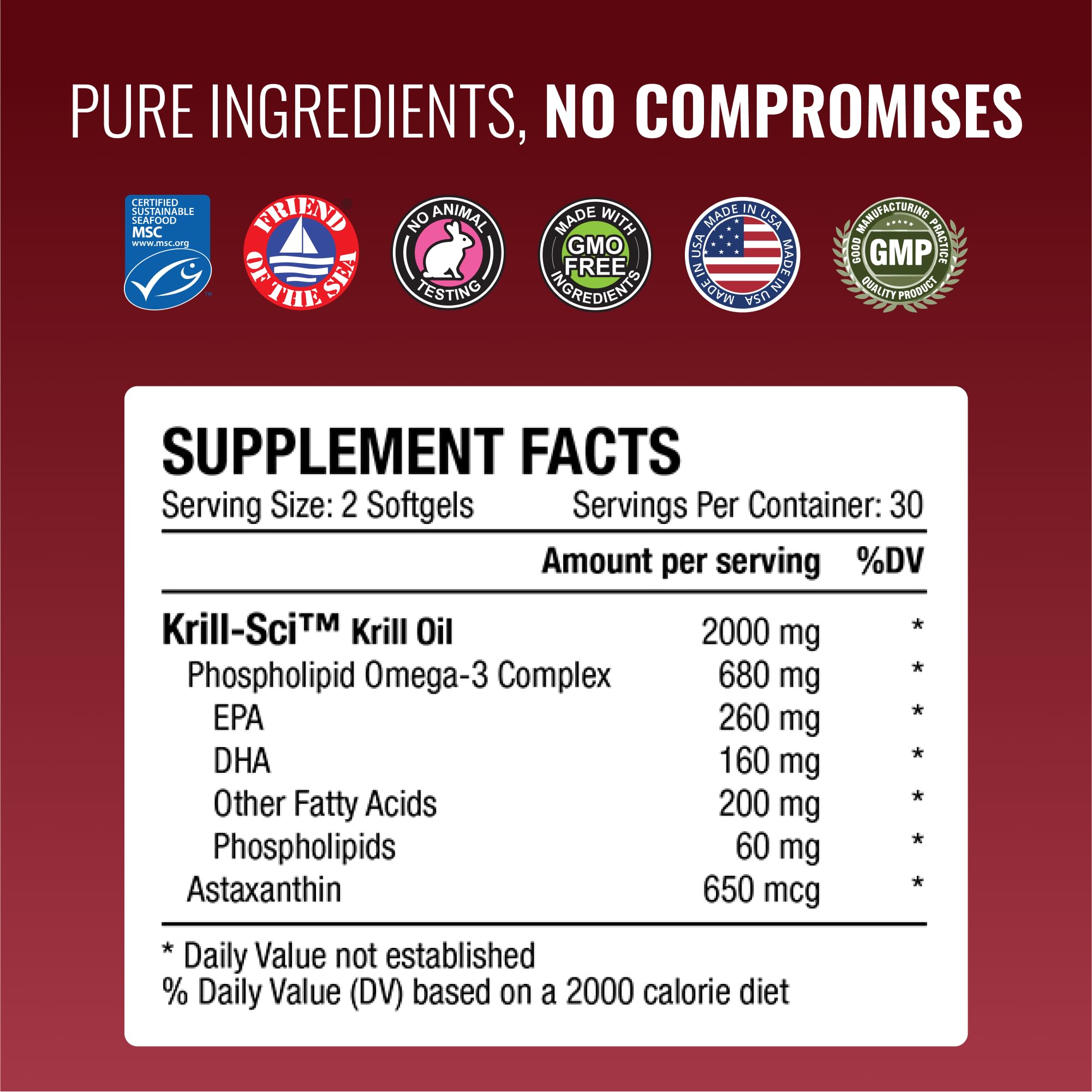 Approved Science Krill Oil graphic showing EPA and DHA content with phospholipid form