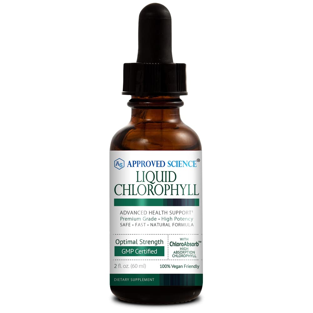 Approved Science Liquid Chlorophyll bottle pour for a refreshing daily boost.