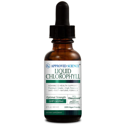 Approved Science Liquid Chlorophyll bottle pour for a refreshing daily boost.