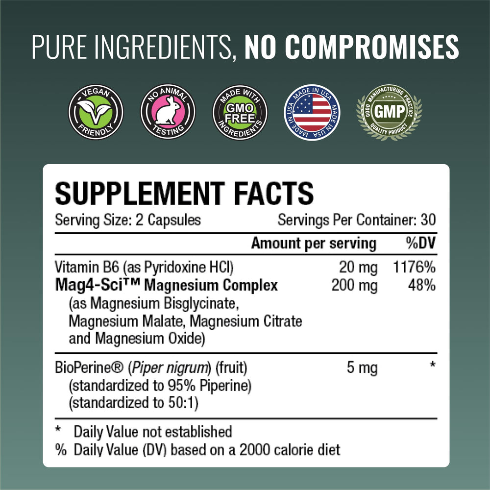 Approved Science Magnesium Complex bottle with ingredients panel emphasizing blend details.