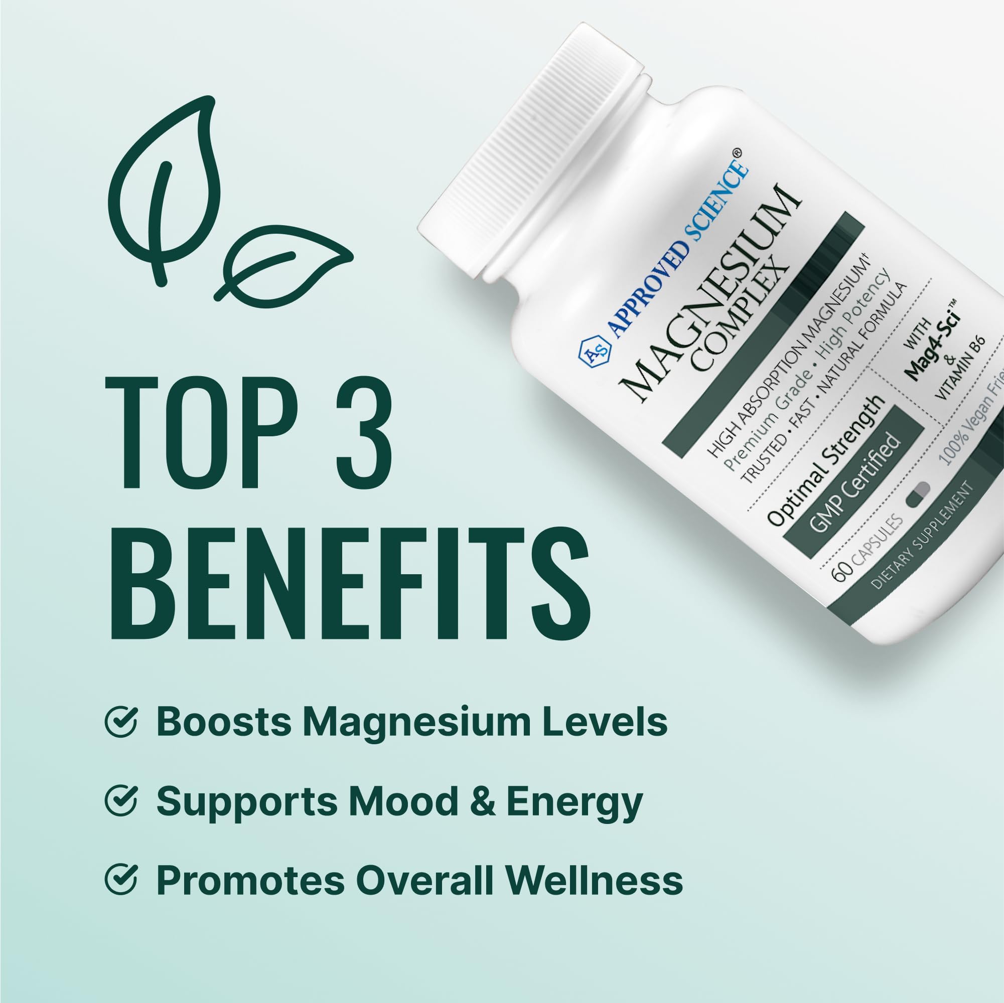Approved Science Magnesium Complex label highlights non-GMO vegan quality.