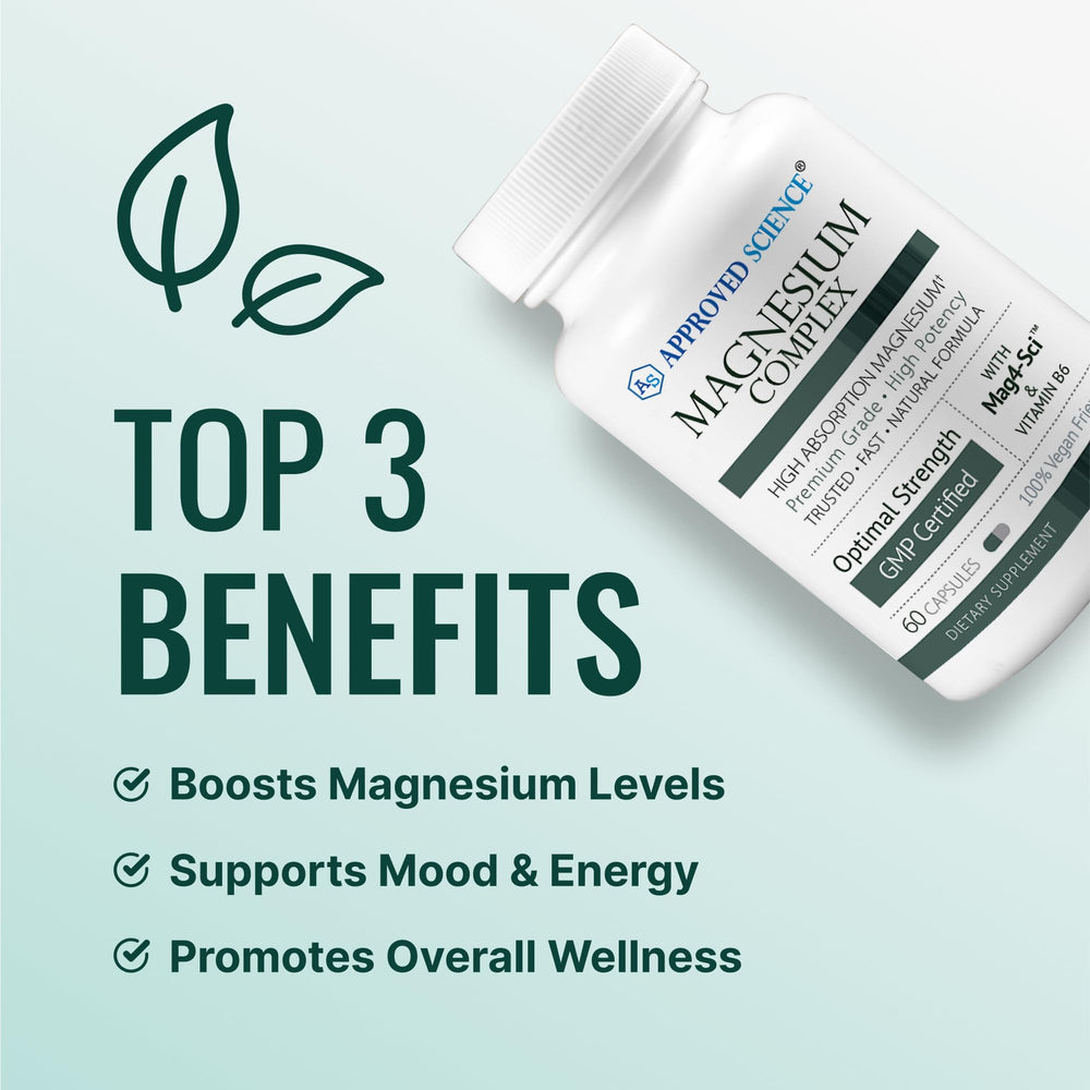 Approved Science Magnesium Complex label highlights non-GMO vegan quality.