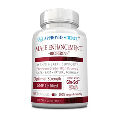 Approved Science Male Enhancement bottle close-up showing label for reliable wellness support.