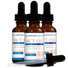Approved Science MCT Oil bottle closeup, ideal for adding to coffee or smoothies.