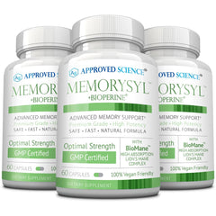 MemorySyl bottle label indicating daily cognitive support and vegan formula