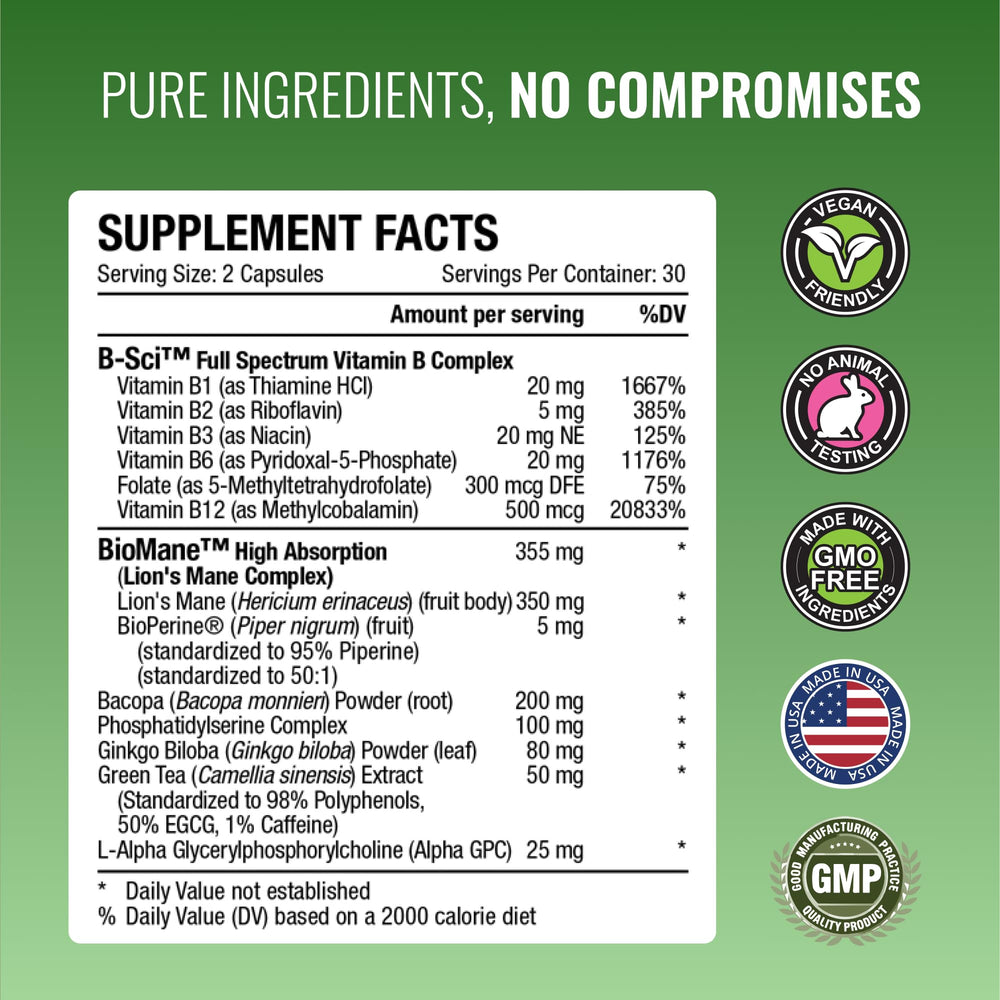 Approved Science MemorySyl facts panel detail highlights Lion’s Mane and Bacopa blend