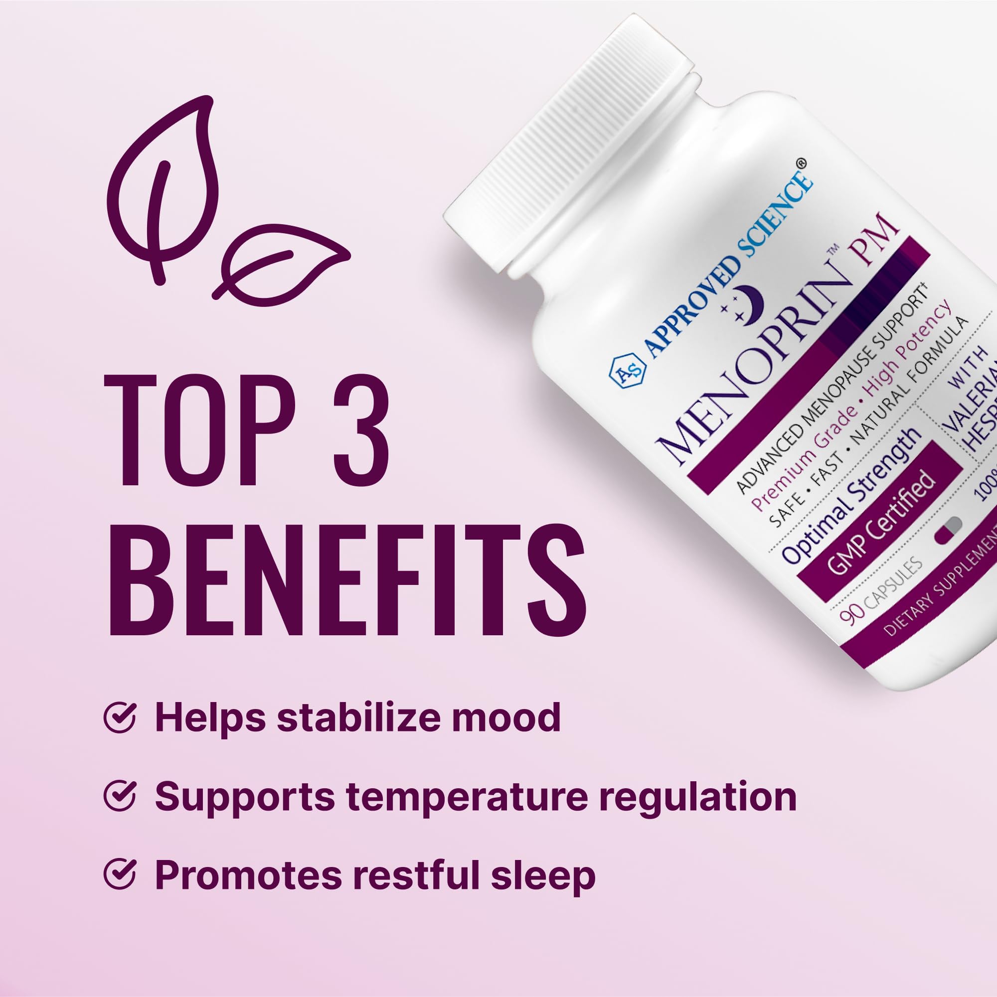 Approved Science Menoprin PM night formulation capsules for sleep-friendly nights.
